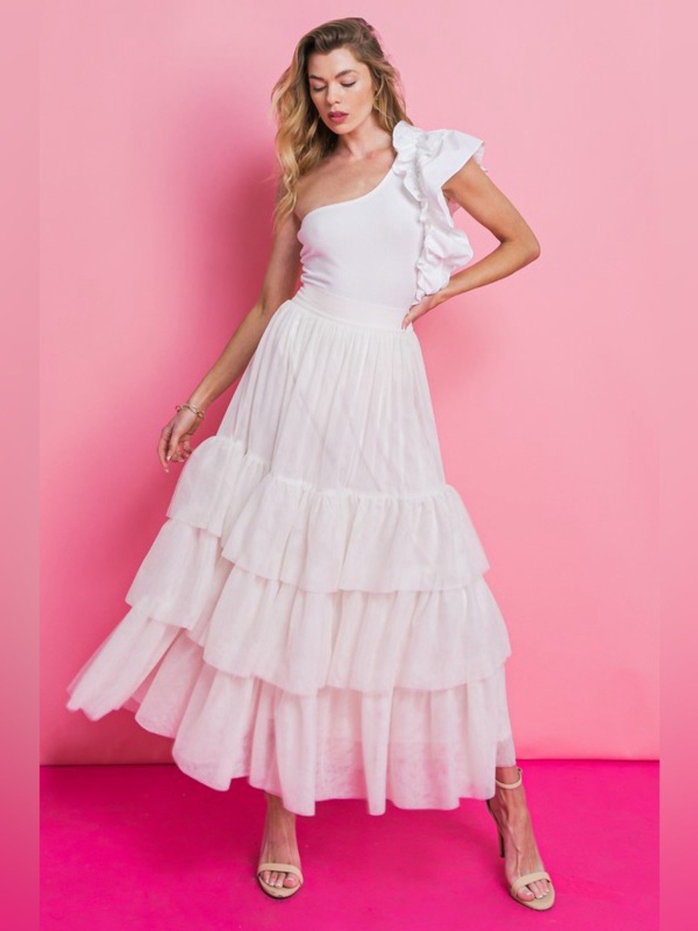 NWT Luxury Off White Tiered Ruffle Soft Tulle Lined Maxi Skirt - Picture 6 of 6